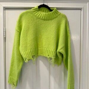 Zara Distressed Cropped Knit Sweater - Green